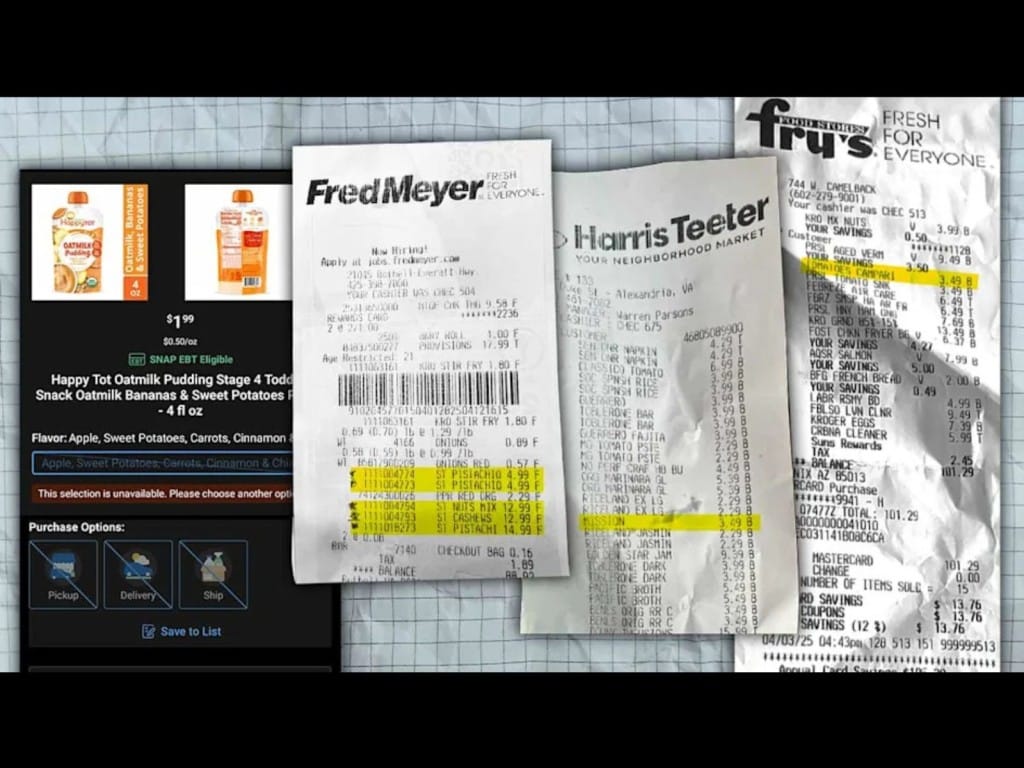 Los recibos y una captura de pantalla de un producto en la aplicación móvil de Kroger