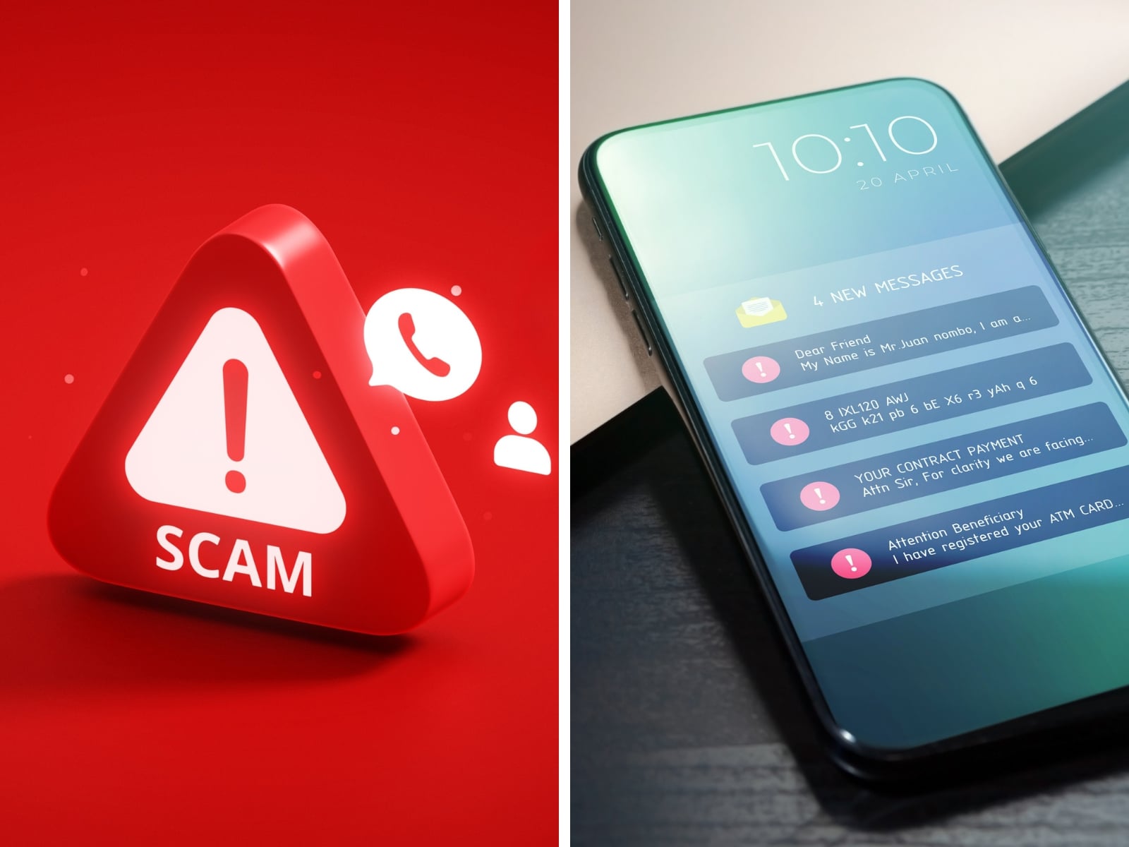 Imagen de un teléfono celular y un aviso de estafa.