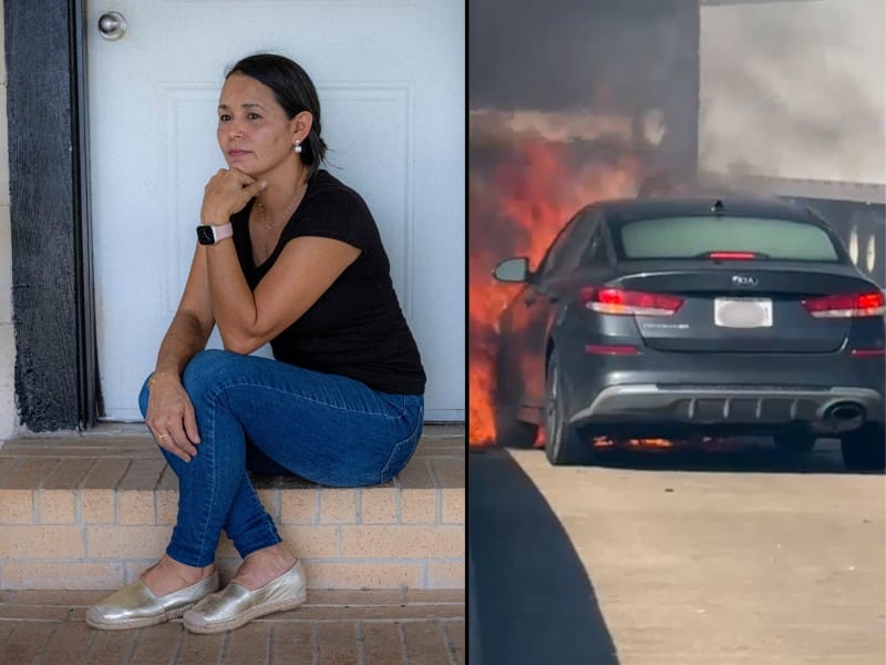A la izquierda, Guadalupe Perdomo en su hogar en Cleveland, al noreste de Houston, Texas. A la derecha, su auto en llamas.