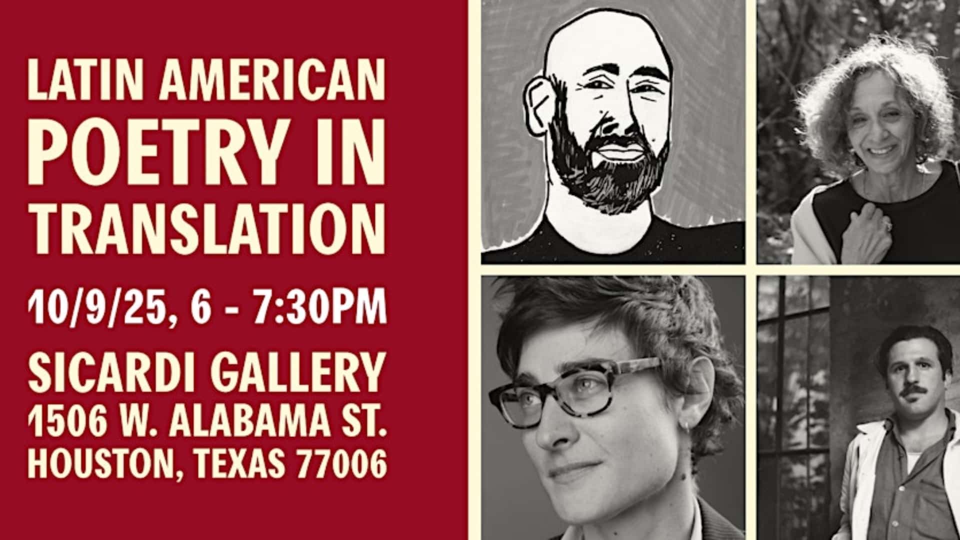 Afiche rojo mostrando diferentes personas, invitando a una noche de poesía.