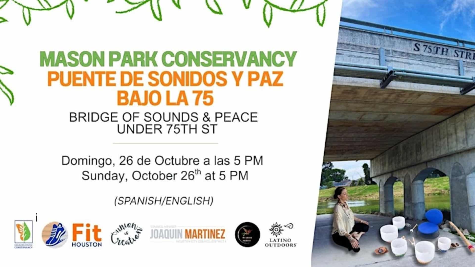 Afiche invitando a un evento que combina la meditación y la terapia de sonido en Mason Park.