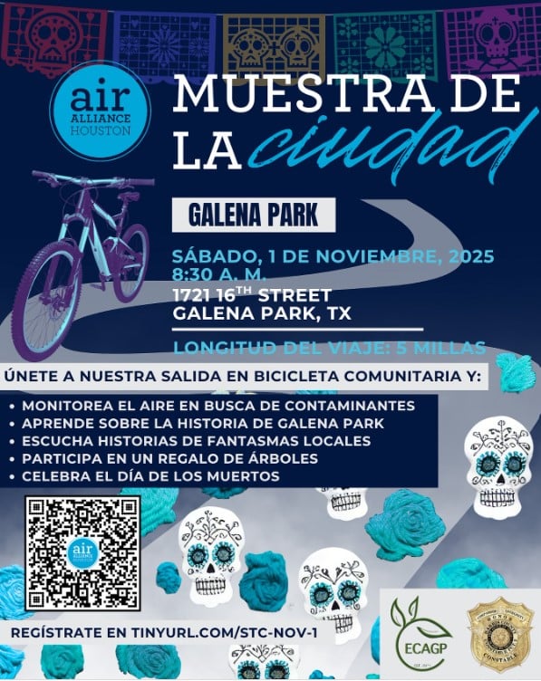 Afiche de un evento comunitario para analizar la calidad del aire en Galena Park.