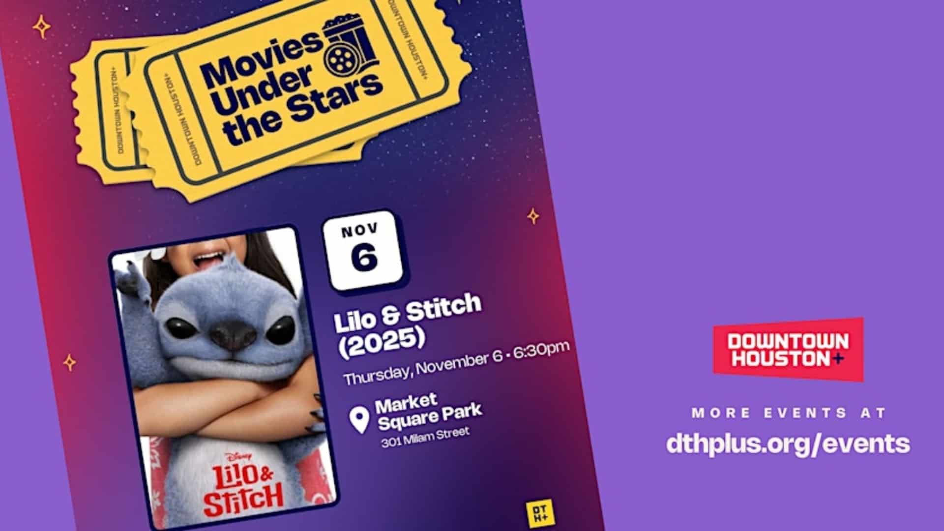 Afiche de Movies Under the Stars invitando a una proyección de lilo and stitch.