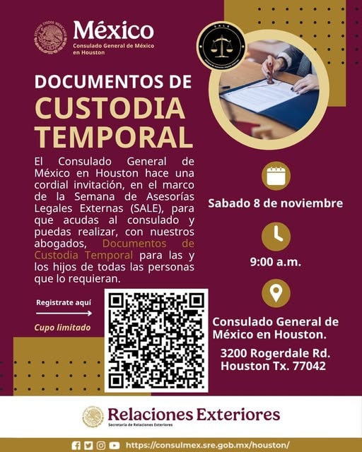 Afiche de evento del Consulado de México expidiendo documentos de custodia temporal.