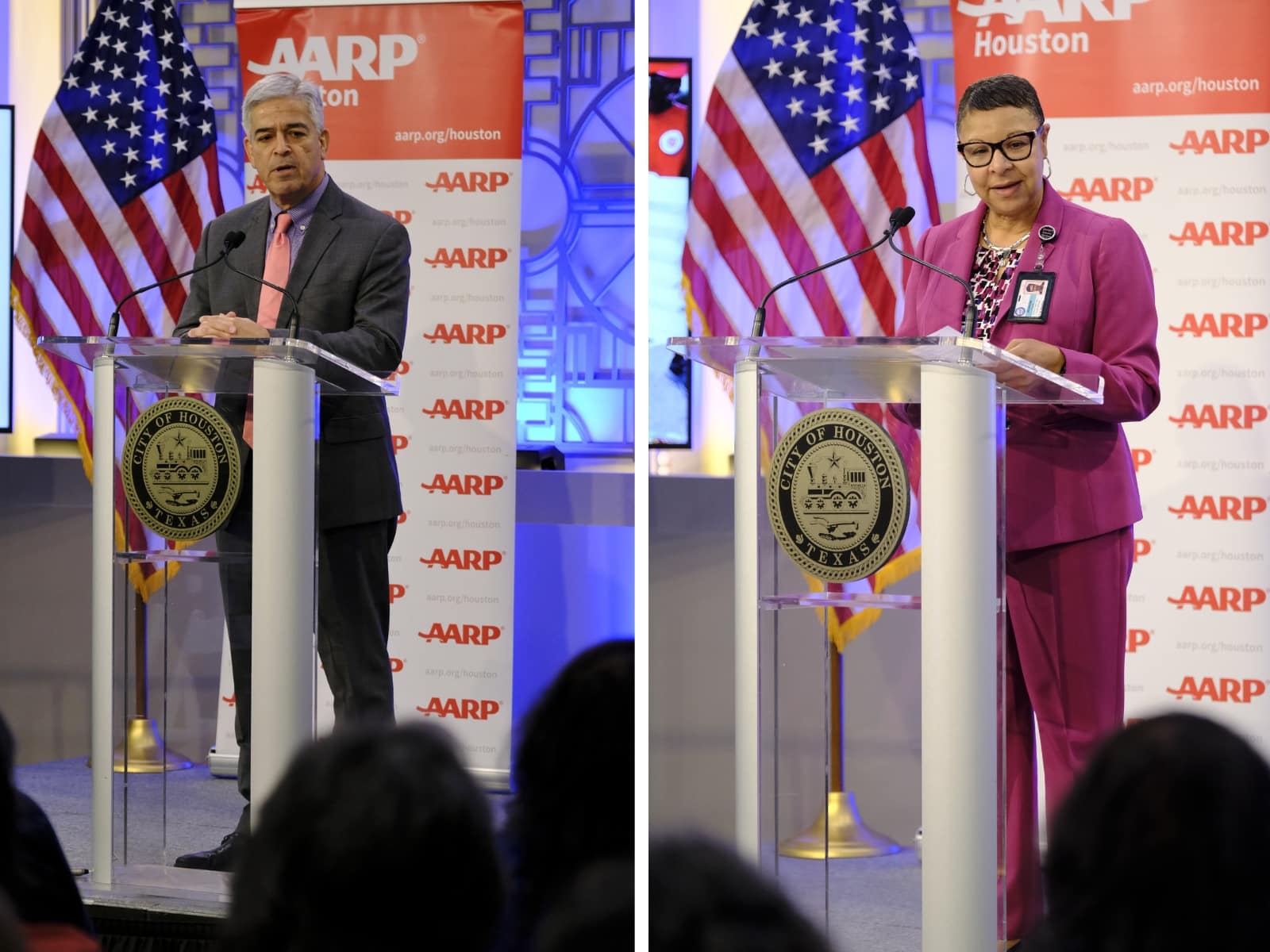 Julián Ramírez (Izqda.), concejal de la Ciudad de Houston, y Paula Johnson, directora de la Agencia para el Envejecimiento del Condado de Harris