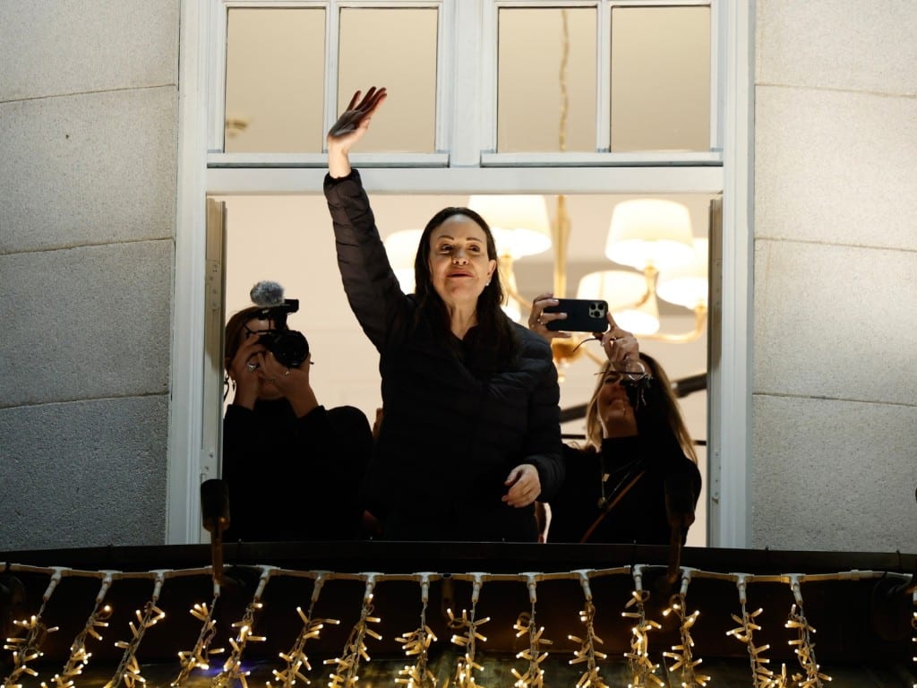 Imagen de María Corina Machado en el Grand Hotel en Oslo, Noruega.