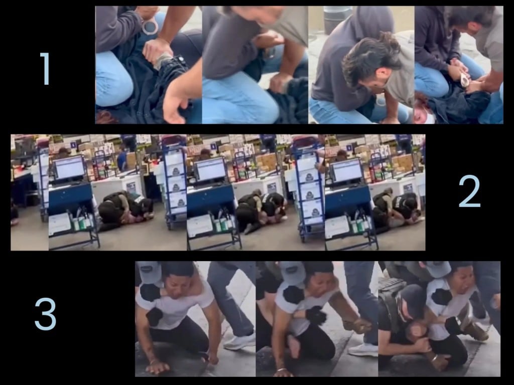 Tres imágenes de agentes de ICE utilizando llaves de estrangulamiento.