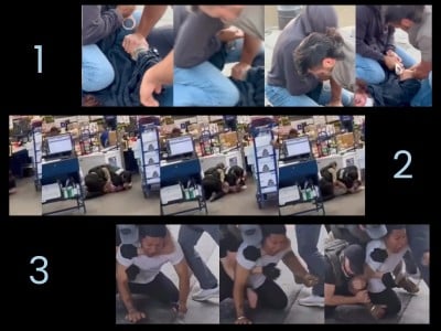 Tres imágenes de agentes de ICE utilizando llaves de estrangulamiento.