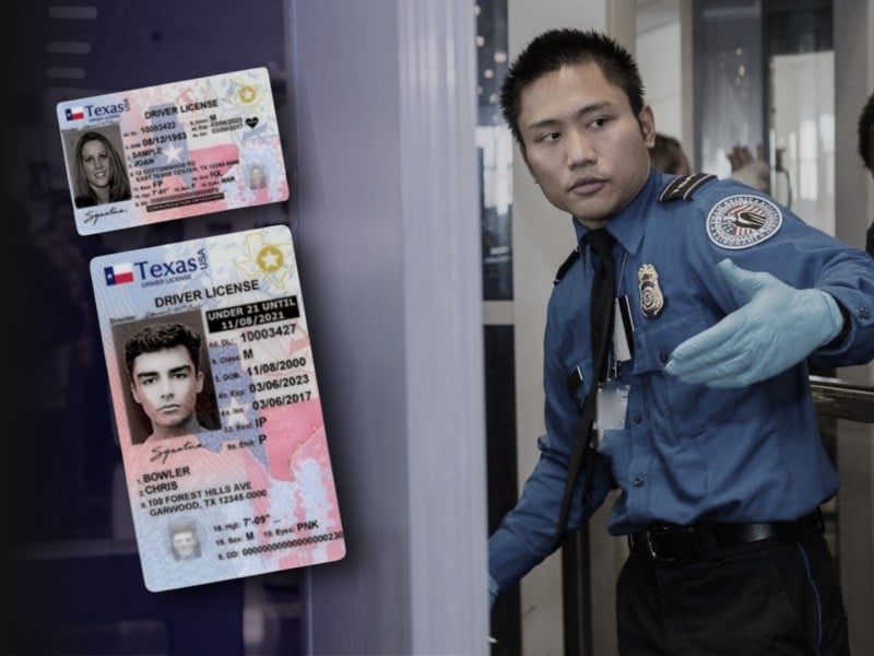 Ilustración de un servidor del aeropuerto junto a imágenes de documentos de identidad