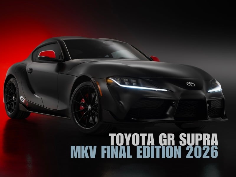 Vista tres cuartos frontal del Toyota GR Supra MkV Final Edition 2026